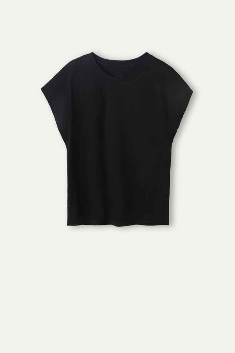 Intimissimi Crew Neck Top in Supima® Ultrafresh cotton Short Sleeve Dame Sort | DK4198WY