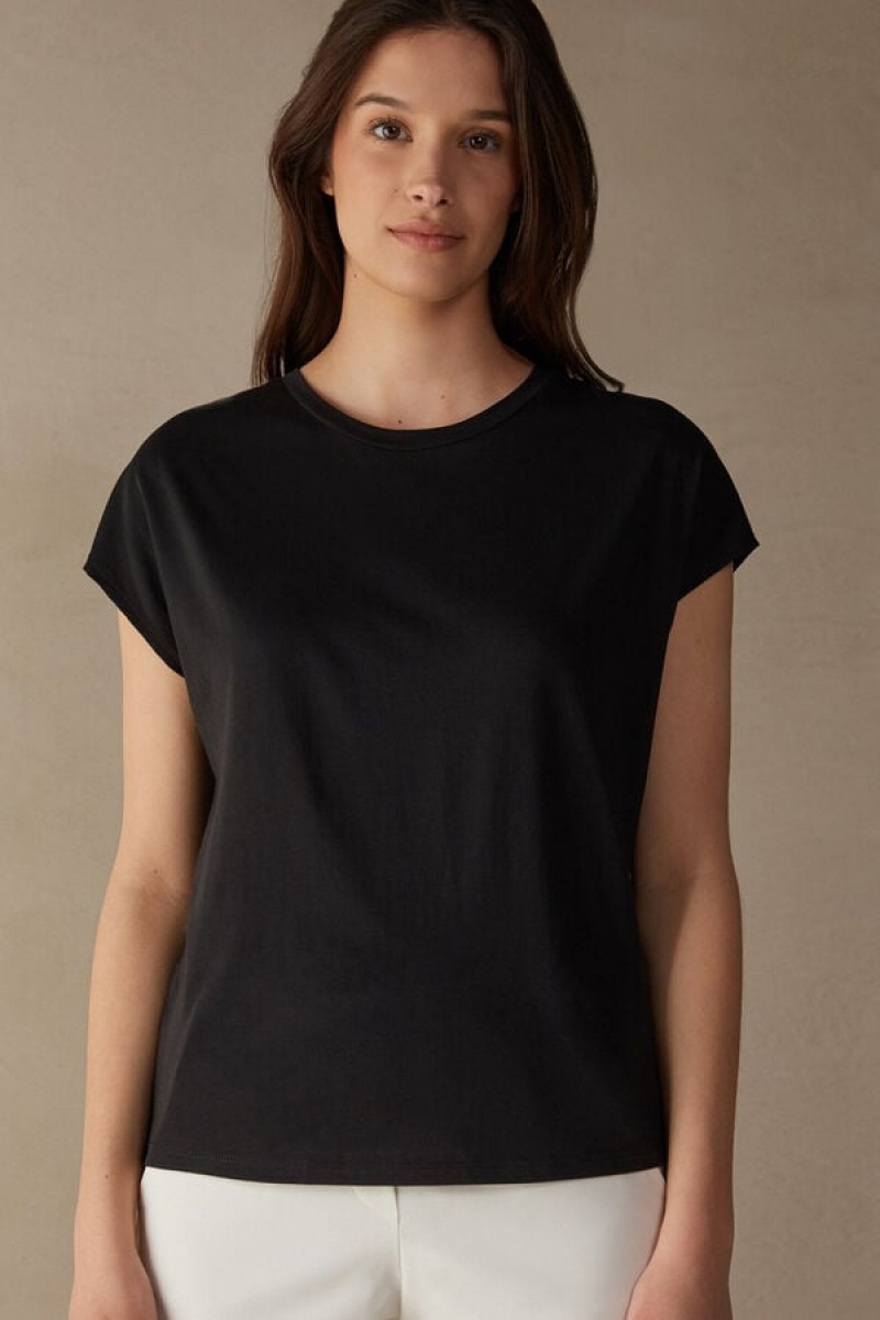 Intimissimi Crew Neck Top in Supima® Ultrafresh cotton Short Sleeve Dame Sort | DK4198WY