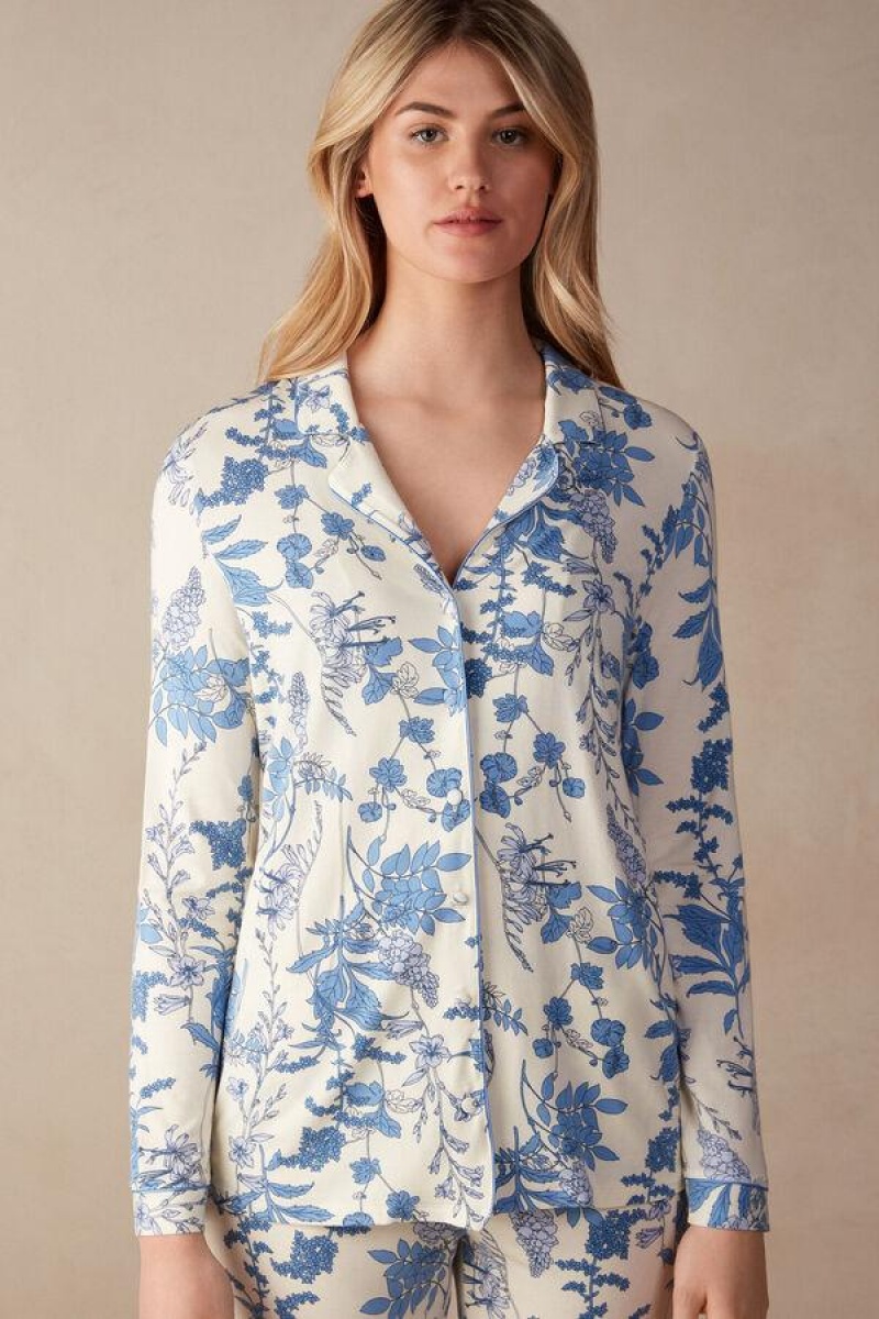 Intimissimi Feeling Beautiful Button Up Shirt in Modal Pyjamas Dame Hvide Blå | DK3924HK