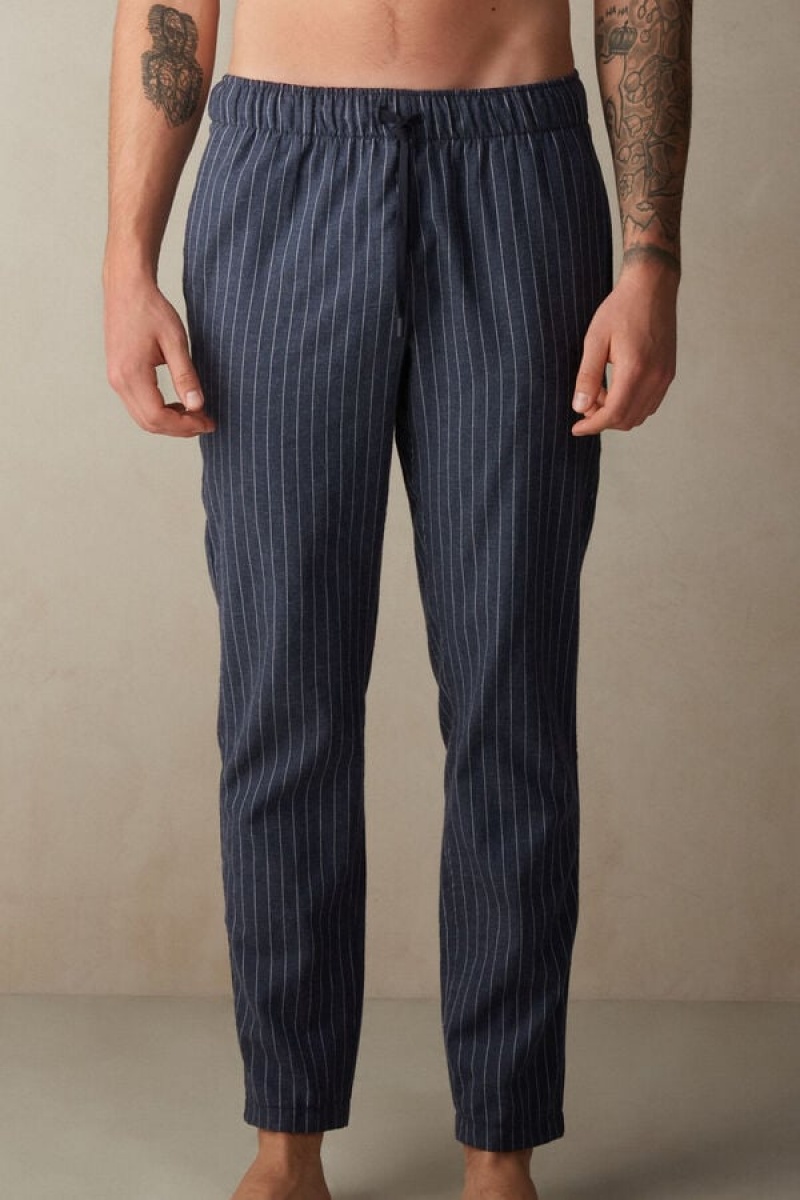 Intimissimi Full Length Pants in Denim Pinstripe Patterned Brushed Cloth Pyjamas Herre Blå | DK3177EX