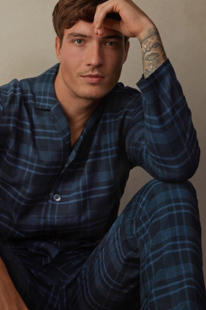 Intimissimi Full Length in Brushed Blue Check Patterned Cloth Pyjamas Herre Blå | DK3138HK