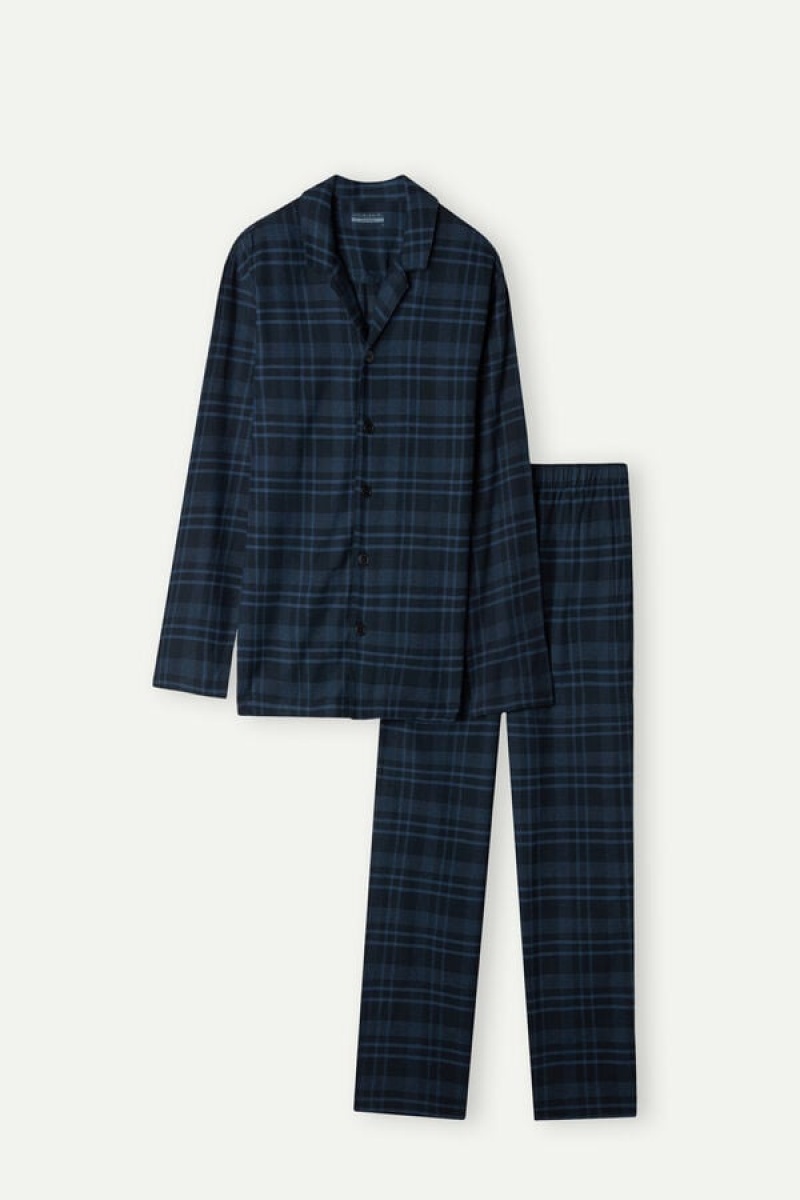 Intimissimi Full Length in Brushed Blue Check Patterned Cloth Pyjamas Herre Blå | DK3138HK