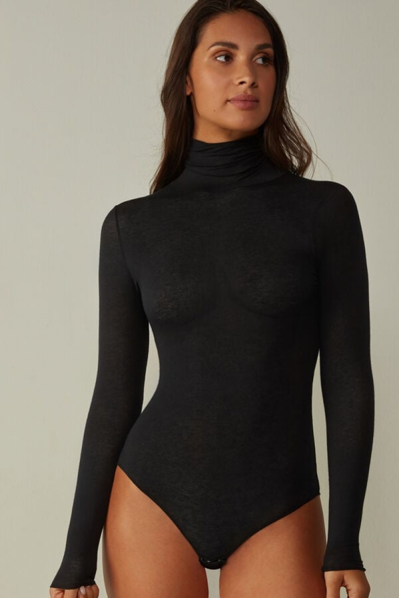 Intimissimi High Collar in Modal Ultralight with Cashmere Bodystocking Dame Sort | DK4404RW