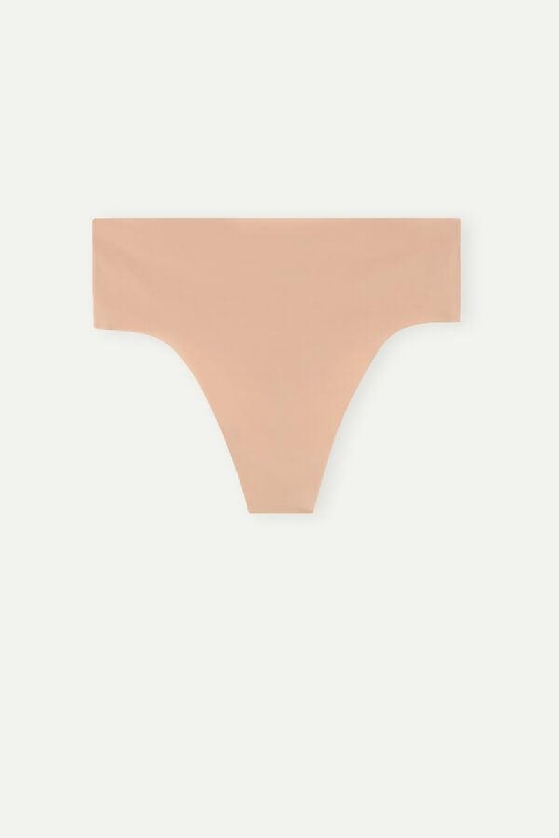 Intimissimi High Talje Thong in Seamless Ultralight Microfiber Trusser Dame Beige | DK3776IS