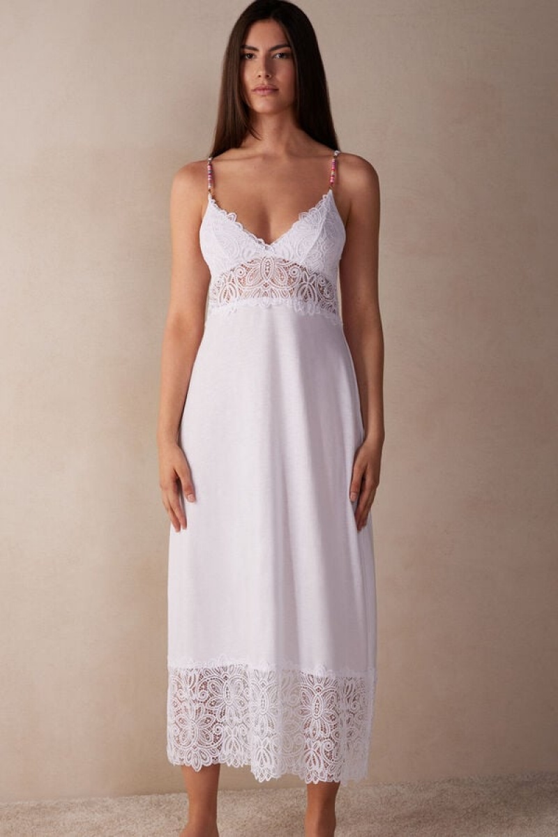 Intimissimi Hot Summer Days Long Nightgown in Supima® Ultrafresh Bomulds Lingeri Dame Hvide | DK4102SO