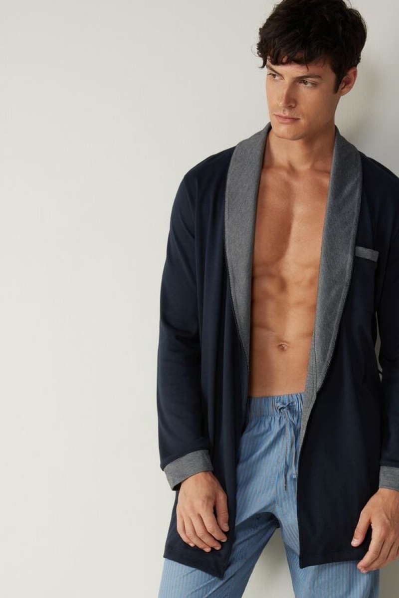 Intimissimi Interlock Bomulds Smoking Jacket Pyjamas Herre Blå | DK3173UT