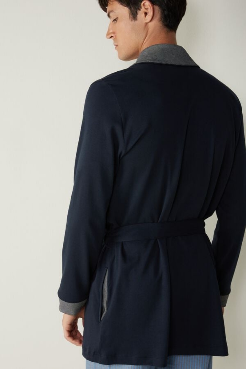 Intimissimi Interlock Bomulds Smoking Jacket Pyjamas Herre Blå | DK3173UT