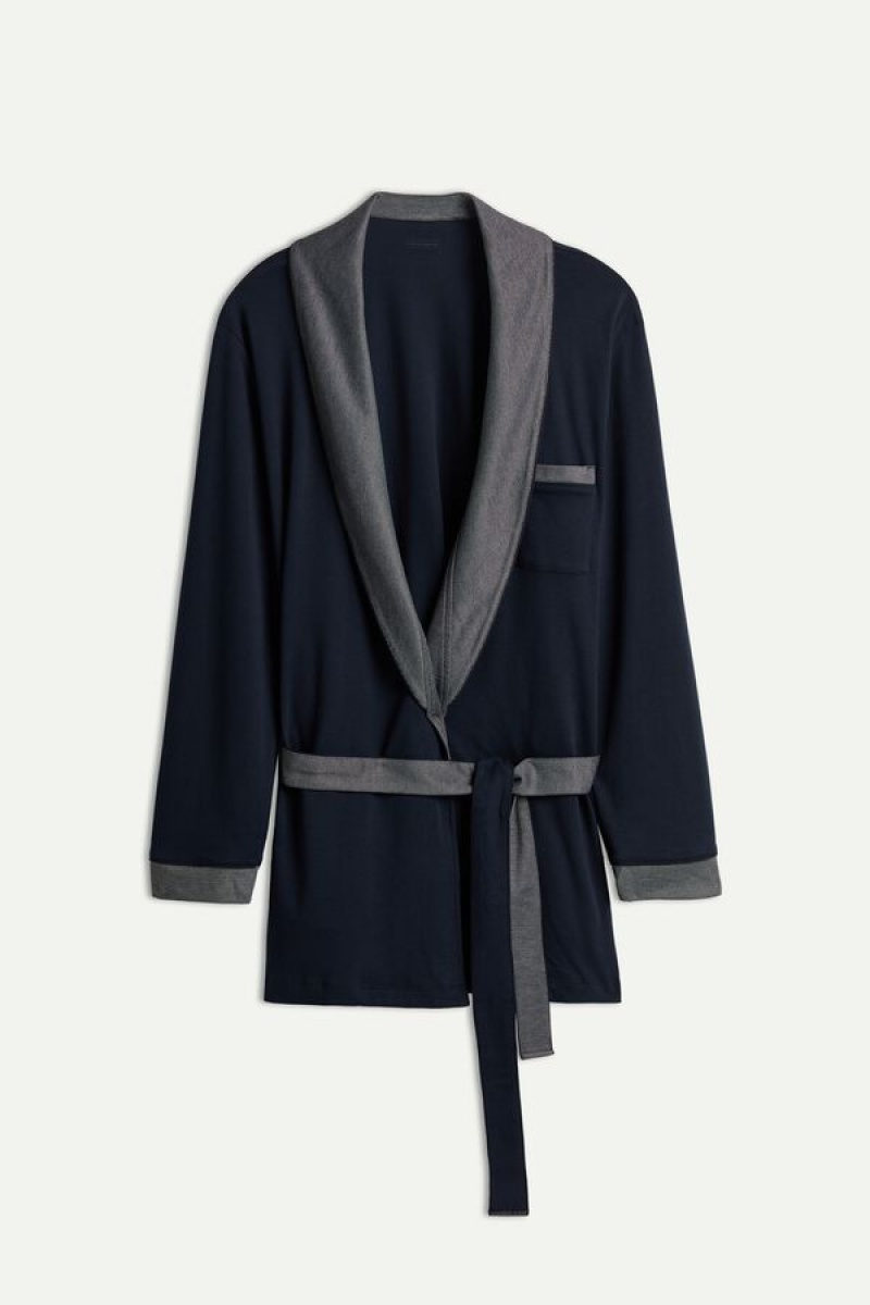 Intimissimi Interlock Bomulds Smoking Jacket Pyjamas Herre Blå | DK3173UT