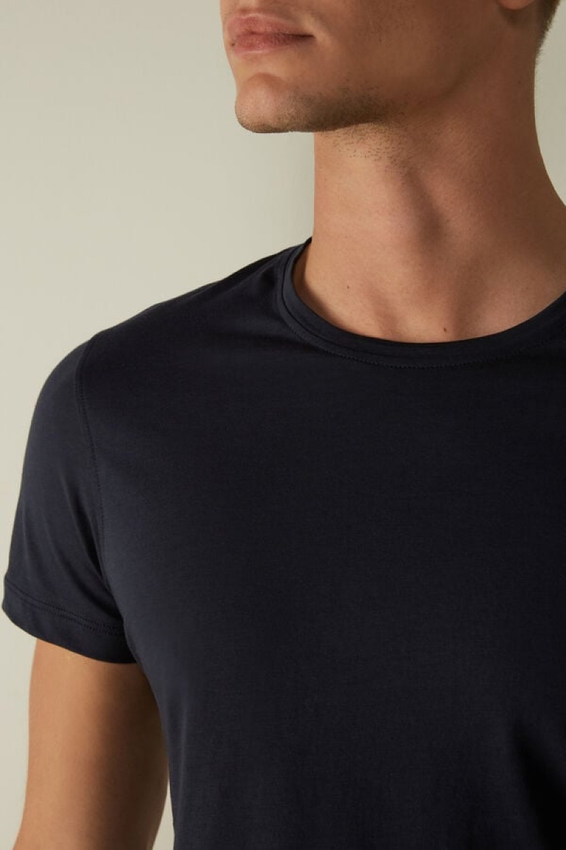 Intimissimi Kort-Sleeve Crew-Neck in Extra-Fine Supima® Bomulds T Shirts Herre Blå | DK3041VD