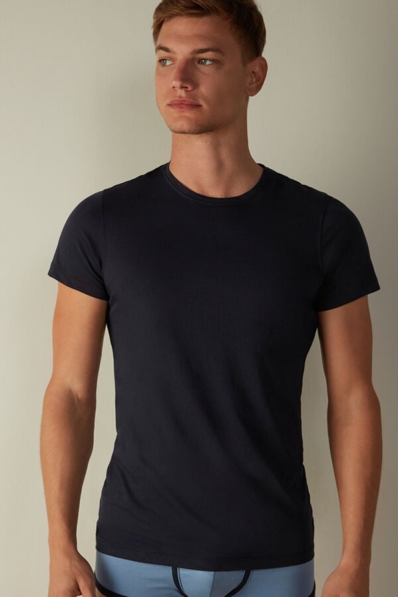 Intimissimi Kort-Sleeve Crew-Neck in Extra-Fine Supima® Bomulds T Shirts Herre Blå | DK3041VD