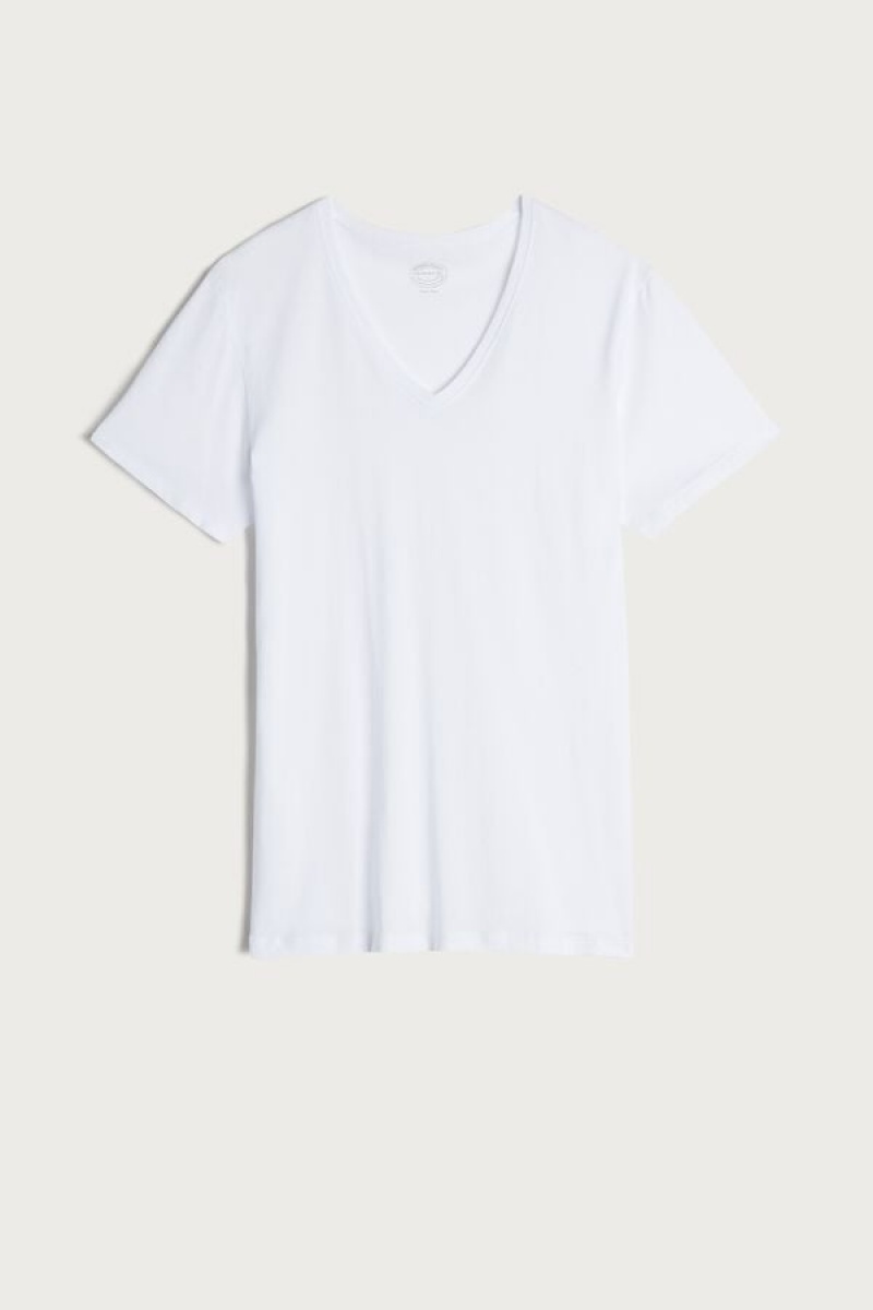 Intimissimi Kort-Sleeve V-Neck in Extra-Fine Supima® Bomulds T Shirts Herre Hvide | DK3040BC