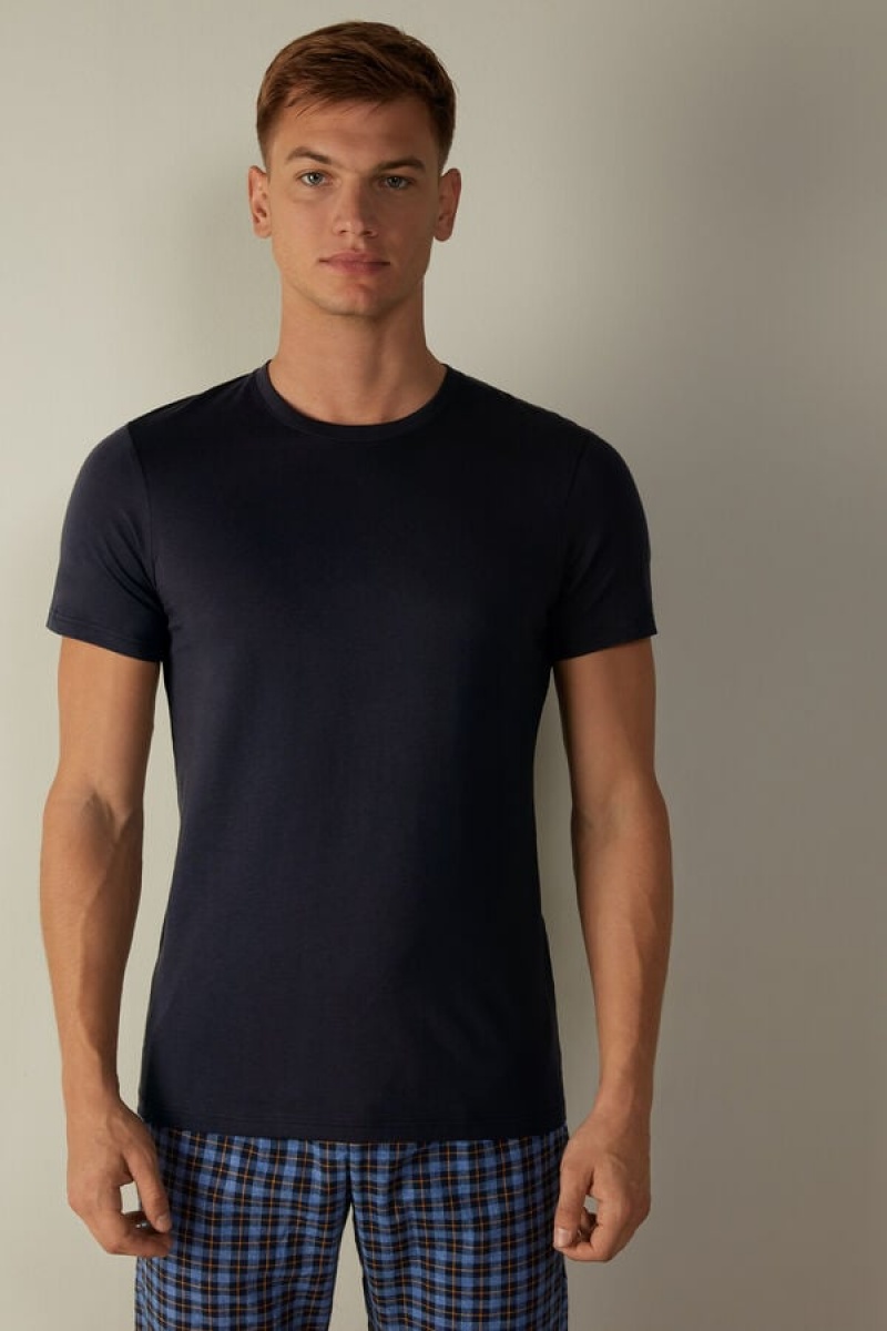 Intimissimi Kort Sleeve Crew Neck in Supima® Bomulds T Shirts Herre Blå | DK3050GL