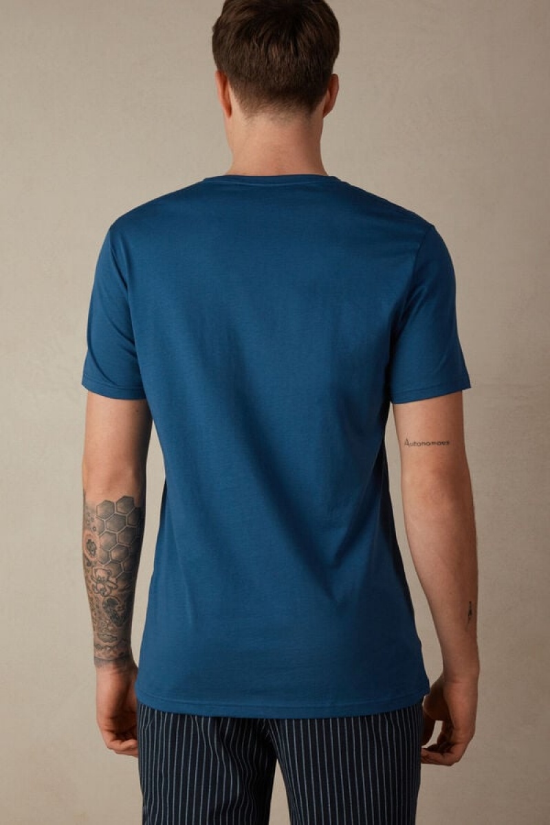 Intimissimi Kort Sleeve Crew Neck in Supima® Bomulds T Shirts Herre Hvide Blå | DK3049HK