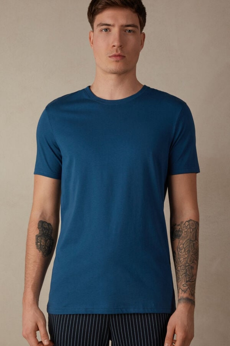 Intimissimi Kort Sleeve Crew Neck in Supima® Bomulds T Shirts Herre Hvide Blå | DK3049HK