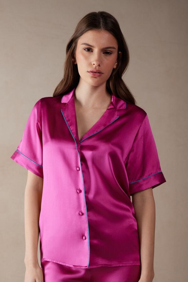 Intimissimi Kort Sleeve Silk Shirt with Contrast Trim Pyjamas Dame Lyserød | DK3951FM