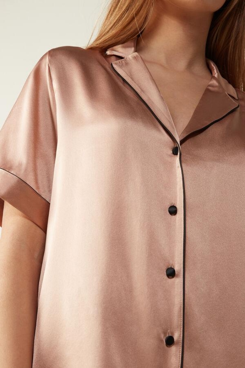 Intimissimi Kort Sleeve Silk Shirt with Contrast Trim Pyjamas Dame Lyserød | DK3929AP