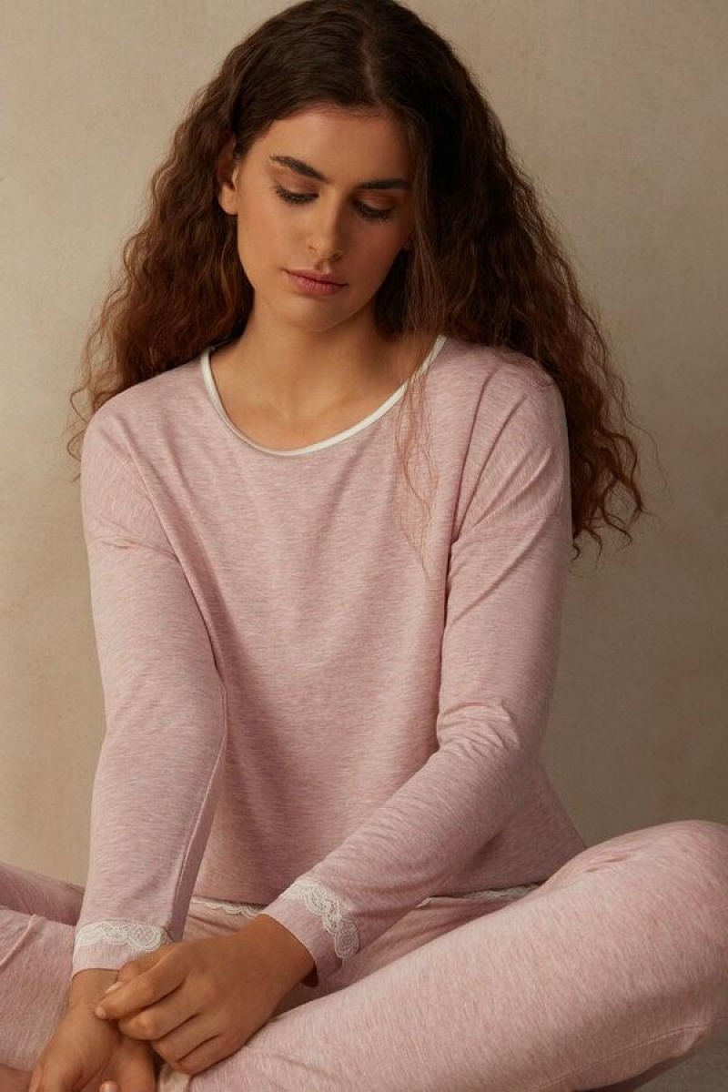 Intimissimi Long-Sleeve Round-Neck Modal Top Pyjamas Dame Lyselyserød | DK3887QZ