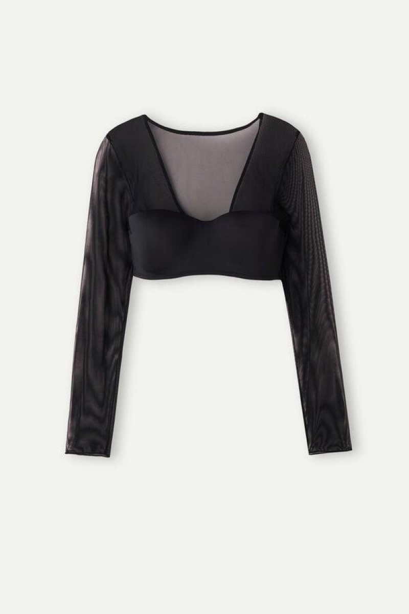 Intimissimi Long Sleeve Top in Ultralight Microfiber and Tulle BH Dame Sort | DK4908FM