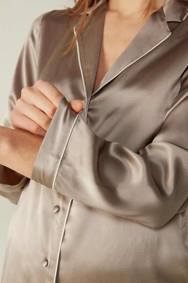 Intimissimi Mannish-Cut Jacket in Silk Satin Pyjamas Dame Beige | DK4036IS