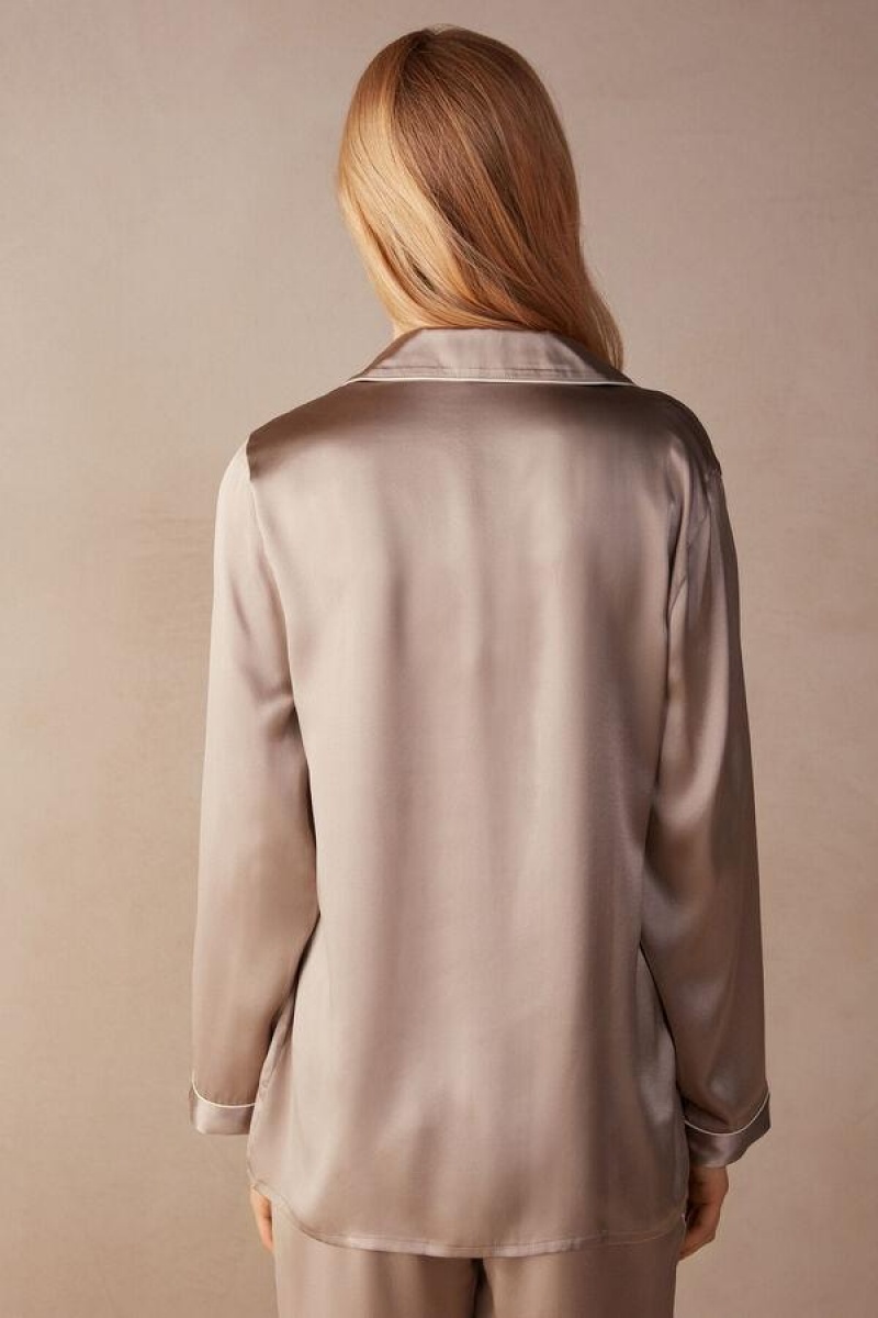 Intimissimi Mannish-Cut Jacket in Silk Satin Pyjamas Dame Beige | DK4036IS