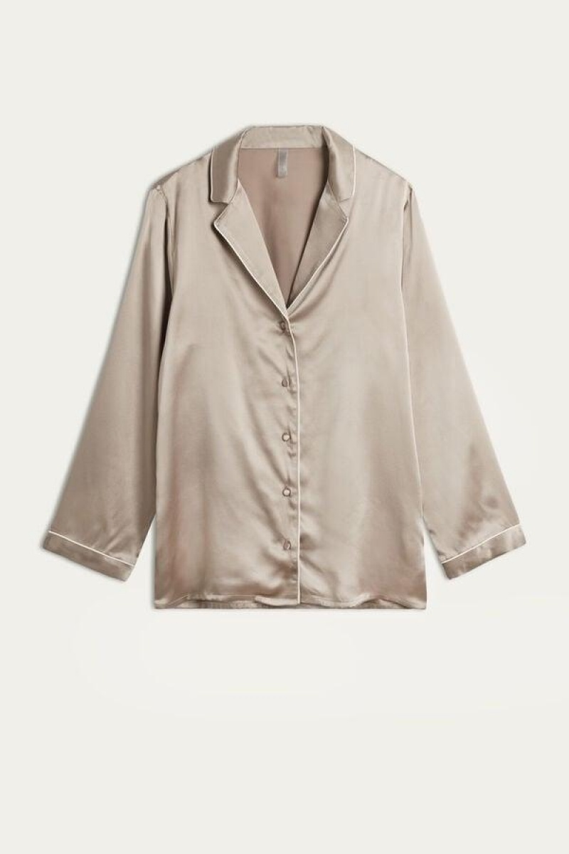 Intimissimi Mannish-Cut Jacket in Silk Satin Pyjamas Dame Beige | DK4036IS