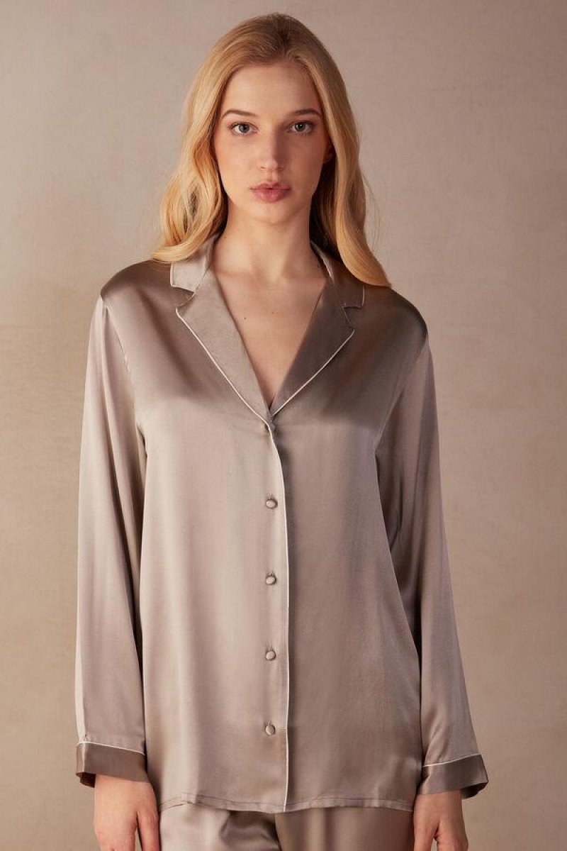 Intimissimi Mannish-Cut Jacket in Silk Satin Pyjamas Dame Beige | DK4036IS