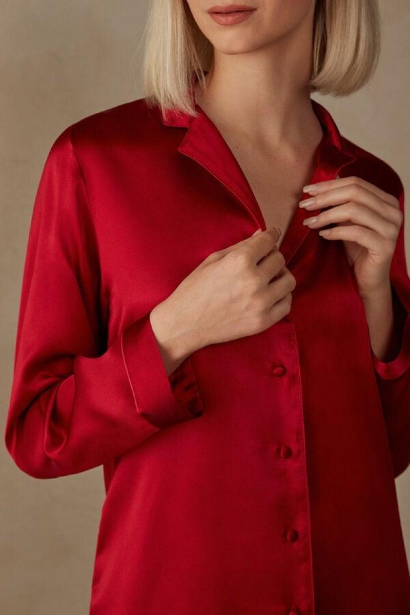 Intimissimi Mannish-Cut Jacket in Silk Satin Pyjamas Dame Rød | DK4035OR