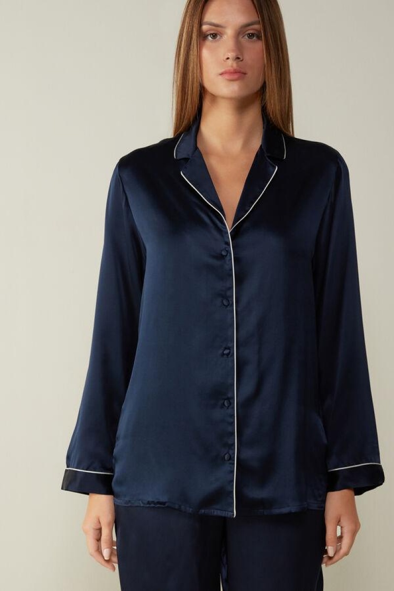 Intimissimi Mannish-Cut Jacket in Silk Satin Pyjamas Dame Blå | DK4032SO