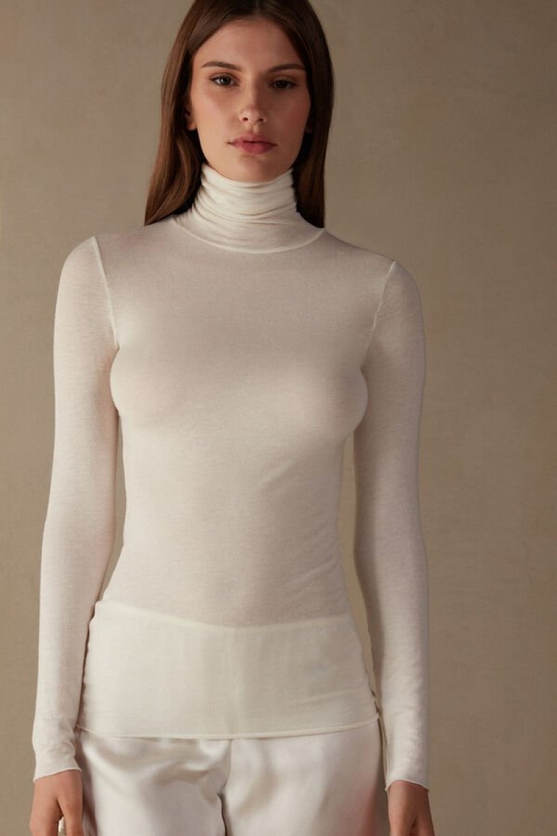 Intimissimi Modal Cashmere Ultralight High-Neck Top Lange Ærmer Dame Lysegul | DK4216OR