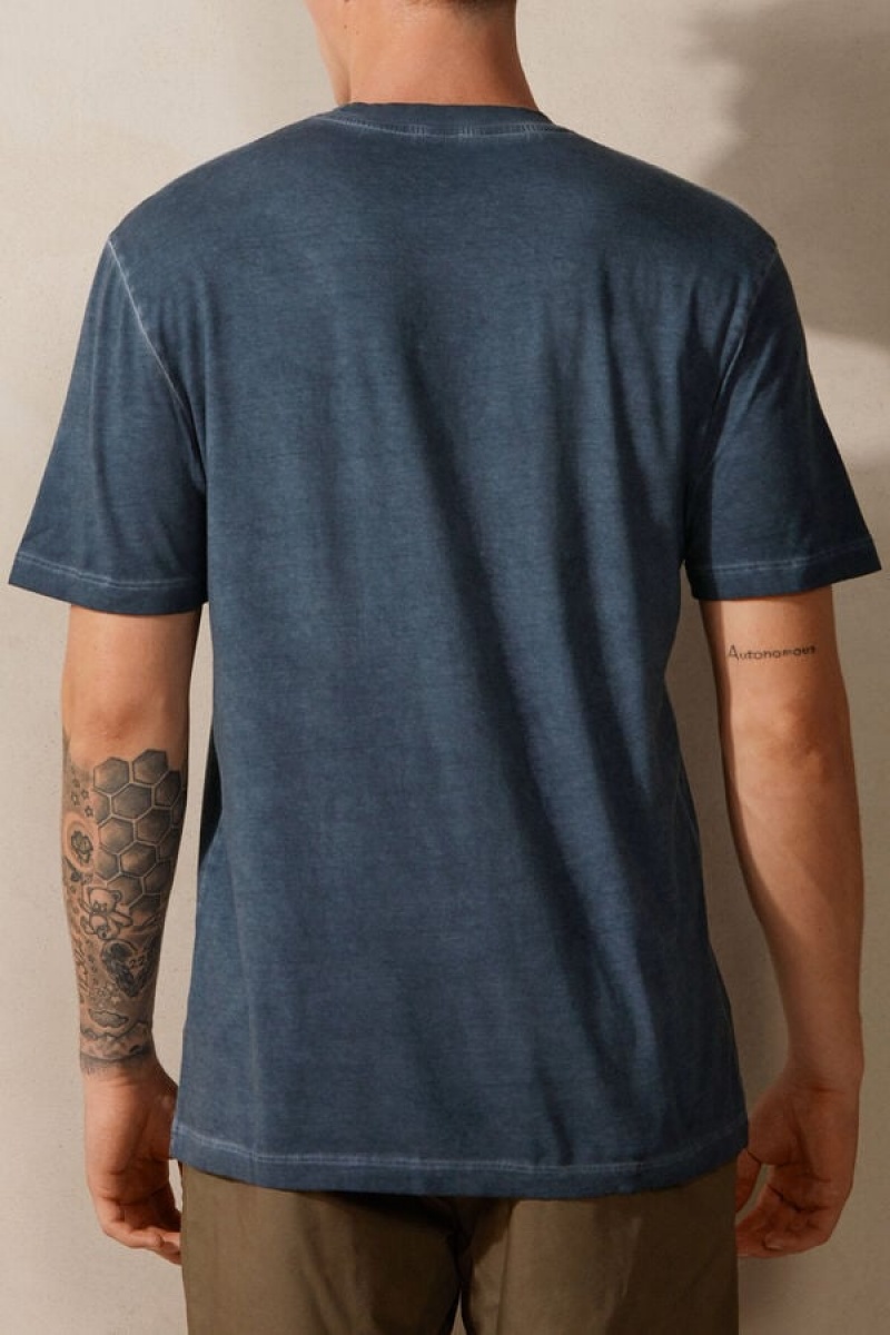 Intimissimi Oil Washed Bomulds Kort Sleeve T Shirts Herre Mørkeblå | DK3027AP