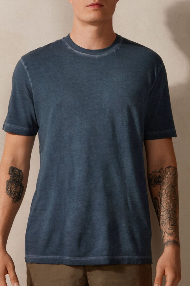 Intimissimi Oil Washed Bomulds Kort Sleeve T Shirts Herre Mørkeblå | DK3027AP