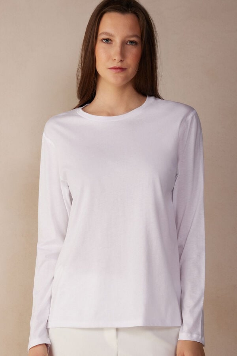 Intimissimi Oversized Top in Supima® Bomulds Lange Ærmer Dame Hvide | DK4220TV