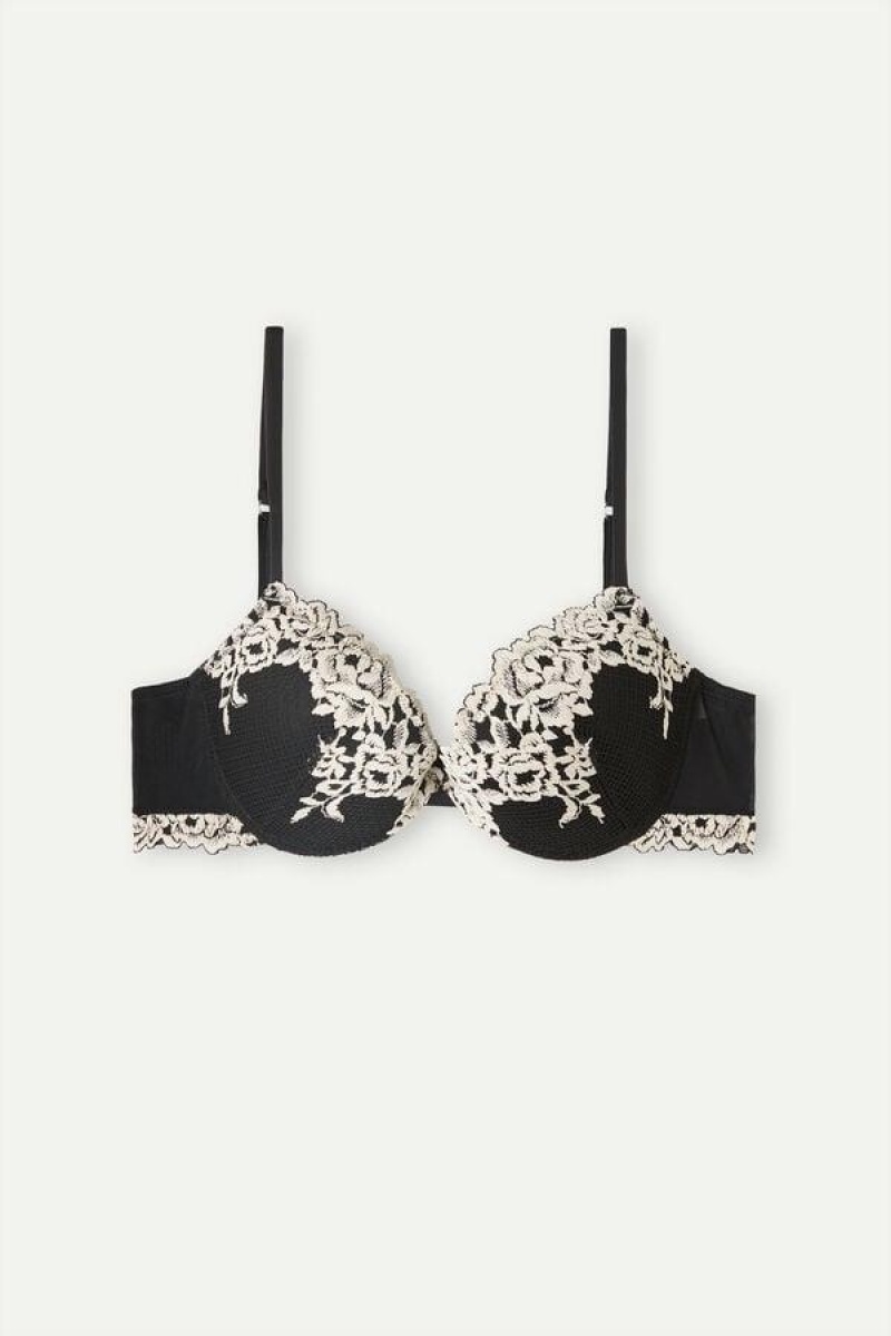 Intimissimi Pretty Flowers Bellissima Push-up BH Dame Sort Hvide | DK4762PQ