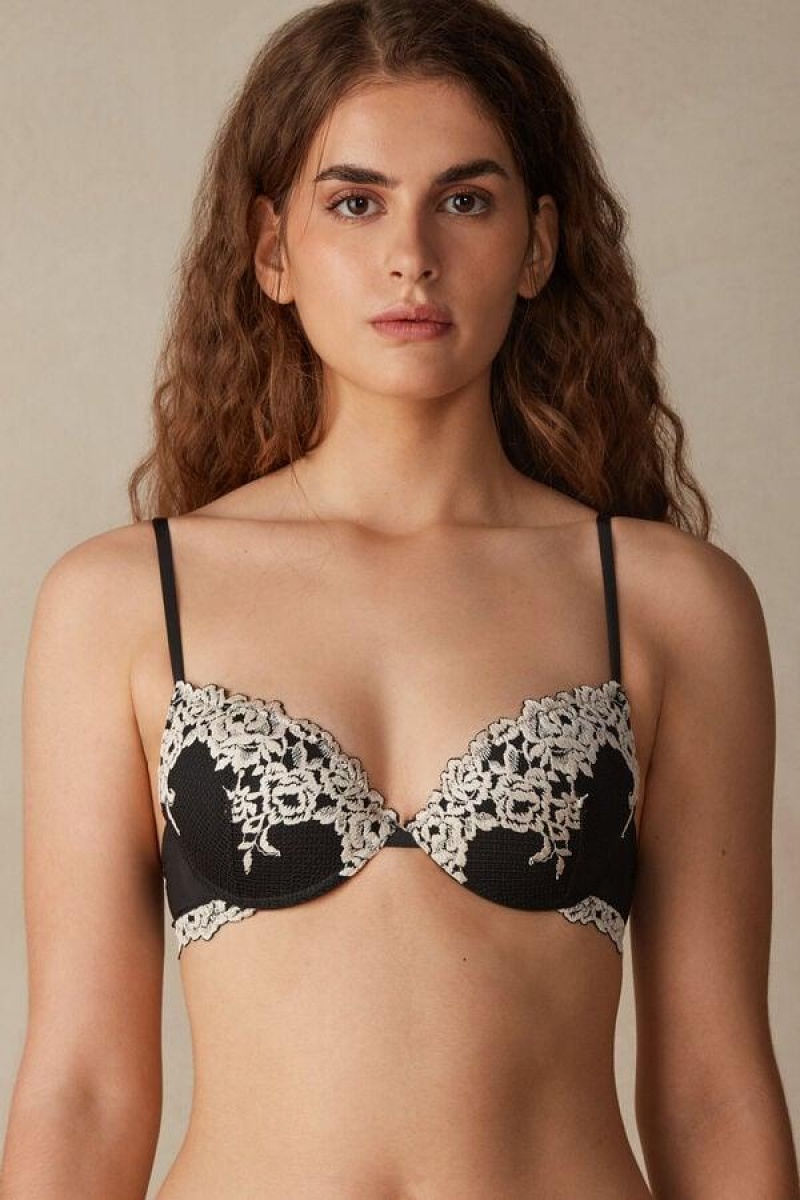 Intimissimi Pretty Flowers Bellissima Push-up BH Dame Sort Hvide | DK4762PQ