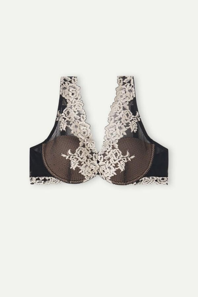 Intimissimi Pretty Flowers Elena Balconette BH Dame Sort Hvide | DK4819EX