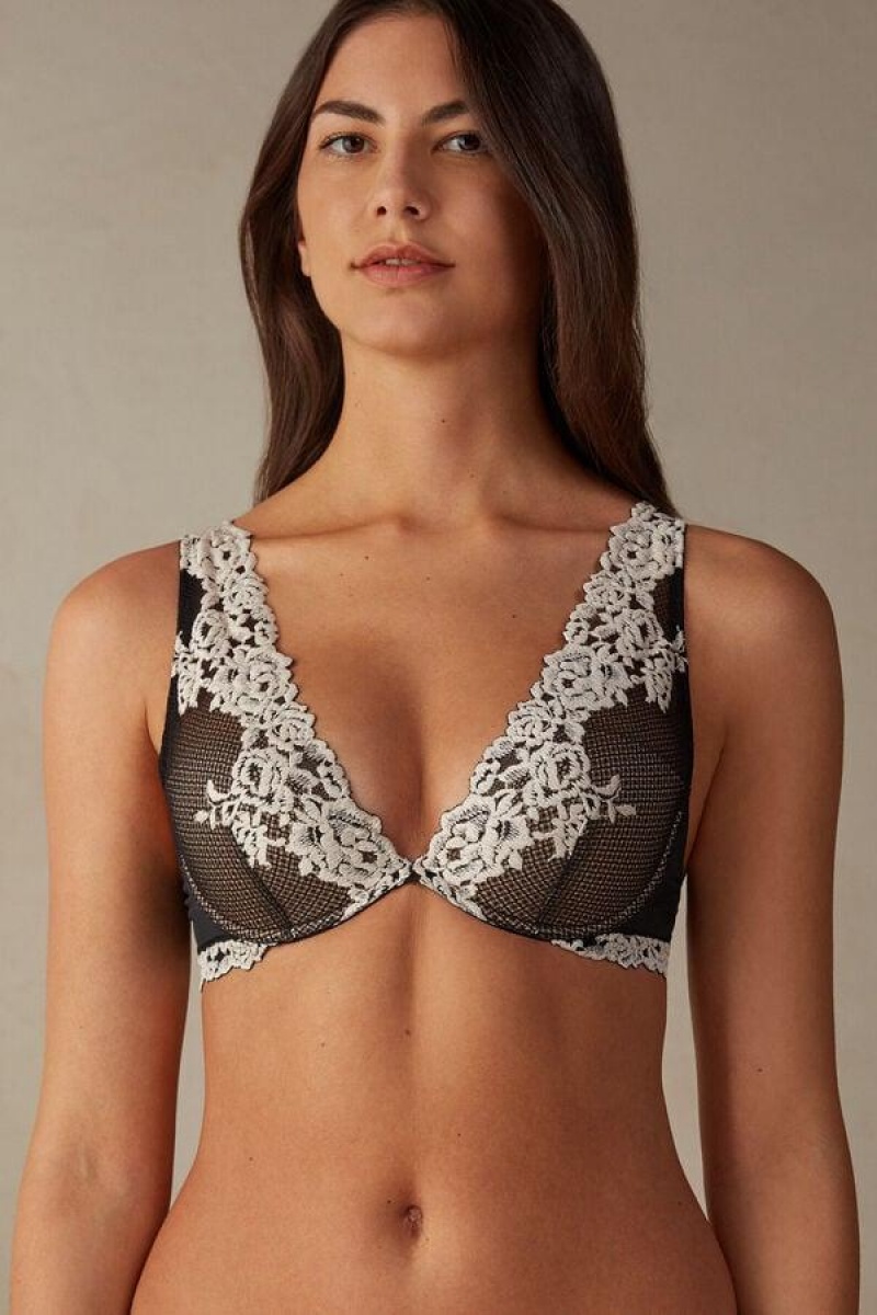 Intimissimi Pretty Flowers Elena Balconette BH Dame Sort Hvide | DK4819EX