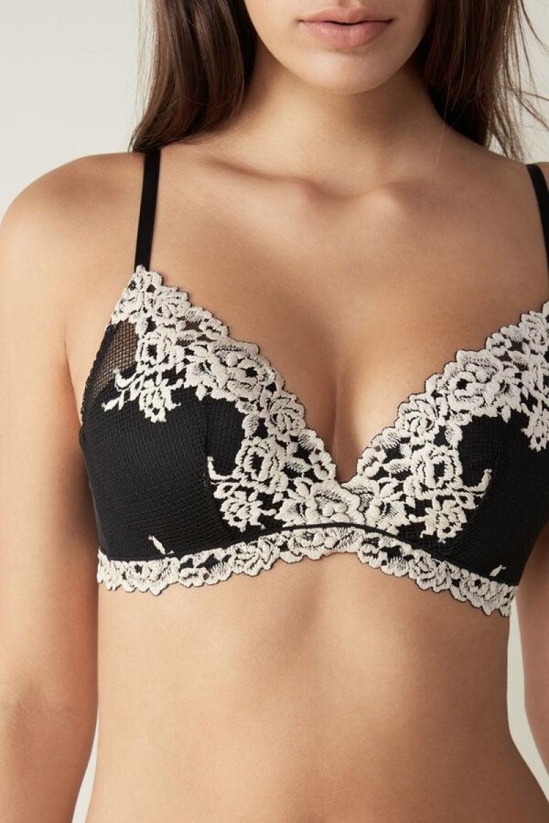 Intimissimi Pretty Flowers Fabiola Push-up BH Dame Sort Hvide | DK4733SO