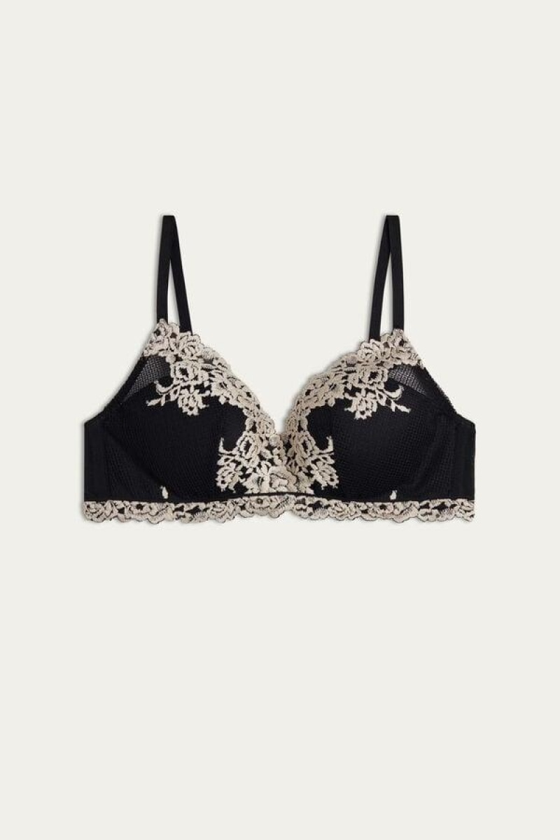 Intimissimi Pretty Flowers Fabiola Push-up BH Dame Sort Hvide | DK4733SO