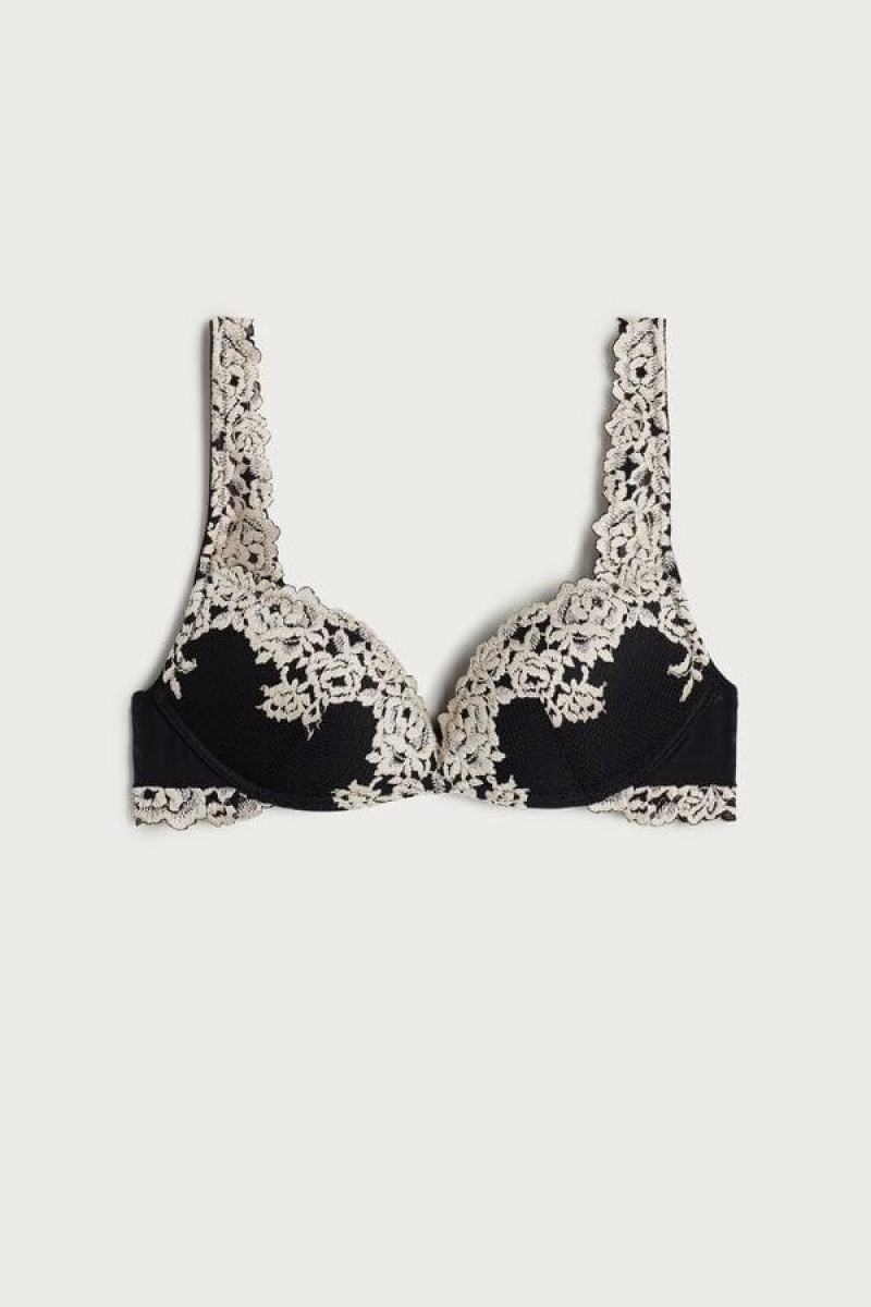 Intimissimi Pretty Flowers Gioia Super Push-up BH Dame Sort Hvide | DK4732DN