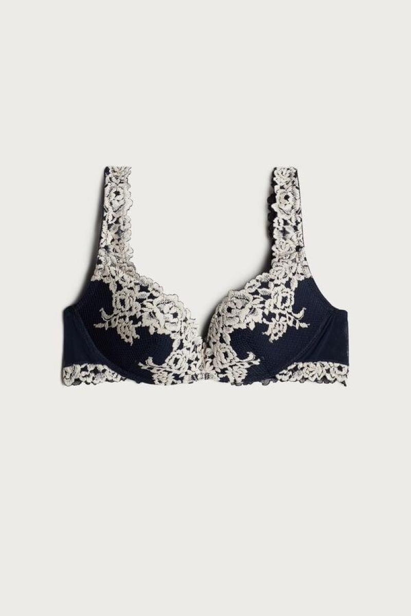 Intimissimi Pretty Flowers Gioia Super Push-up BH Dame Dyb Blå Lysegul | DK4731FM