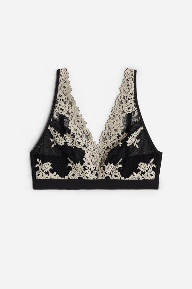 Intimissimi Pretty Flowers Lara Triangle BH Dame Sort Hvide | DK4606PQ