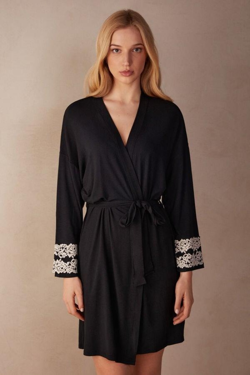 Intimissimi Pretty Flowers Modal Robe Pyjamas Dame Sort Hvide | DK3847FM