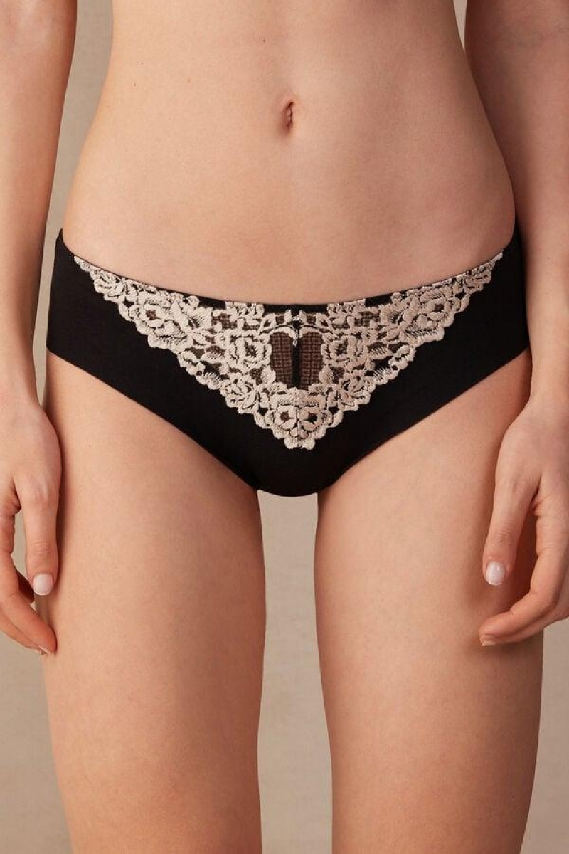 Intimissimi Pretty Flowers Seamless Bomulds Trusser Dame Sort Hvide | DK3642AP