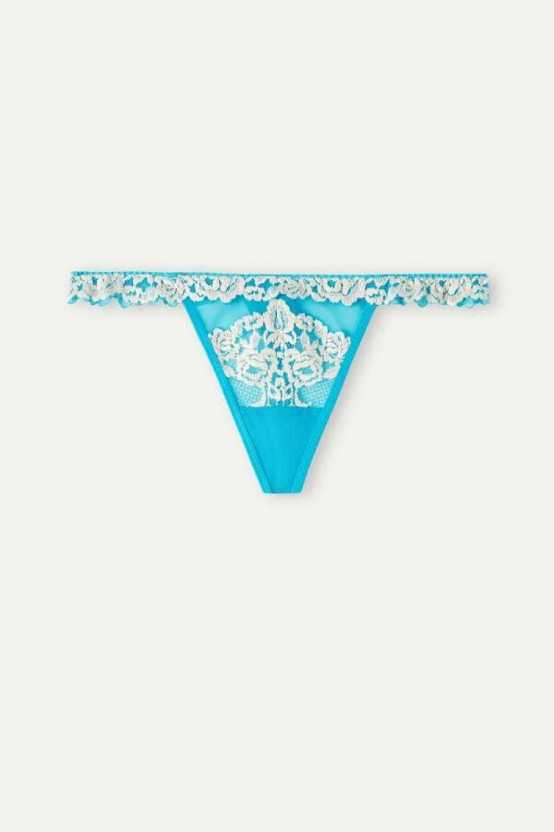 Intimissimi Pretty Flowers String Thong Trusser Dame Turkis Hvide | DK3812VD