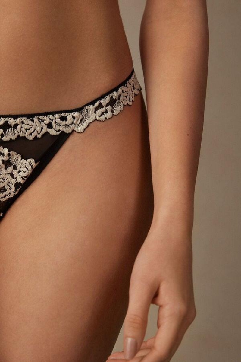 Intimissimi Pretty Flowers String Thong Trusser Dame Sort Hvide | DK3760VD