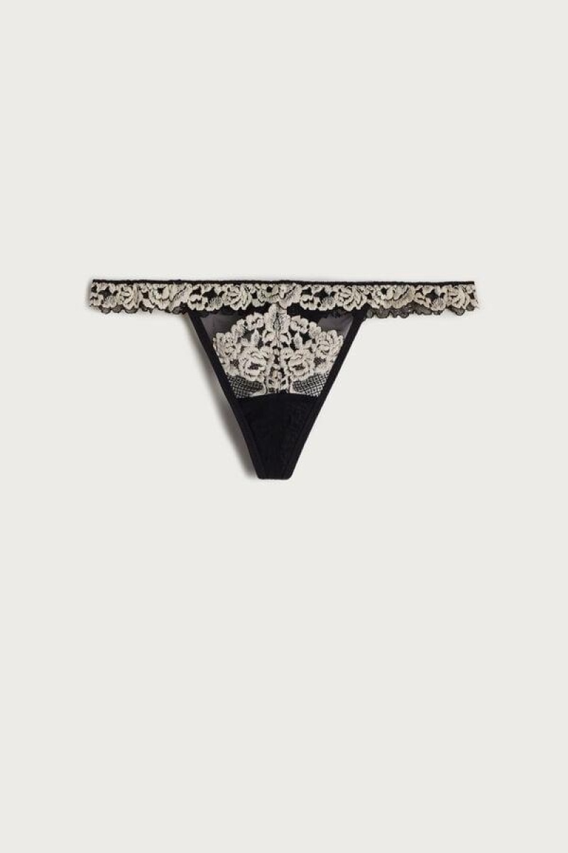 Intimissimi Pretty Flowers String Thong Trusser Dame Sort Hvide | DK3760VD