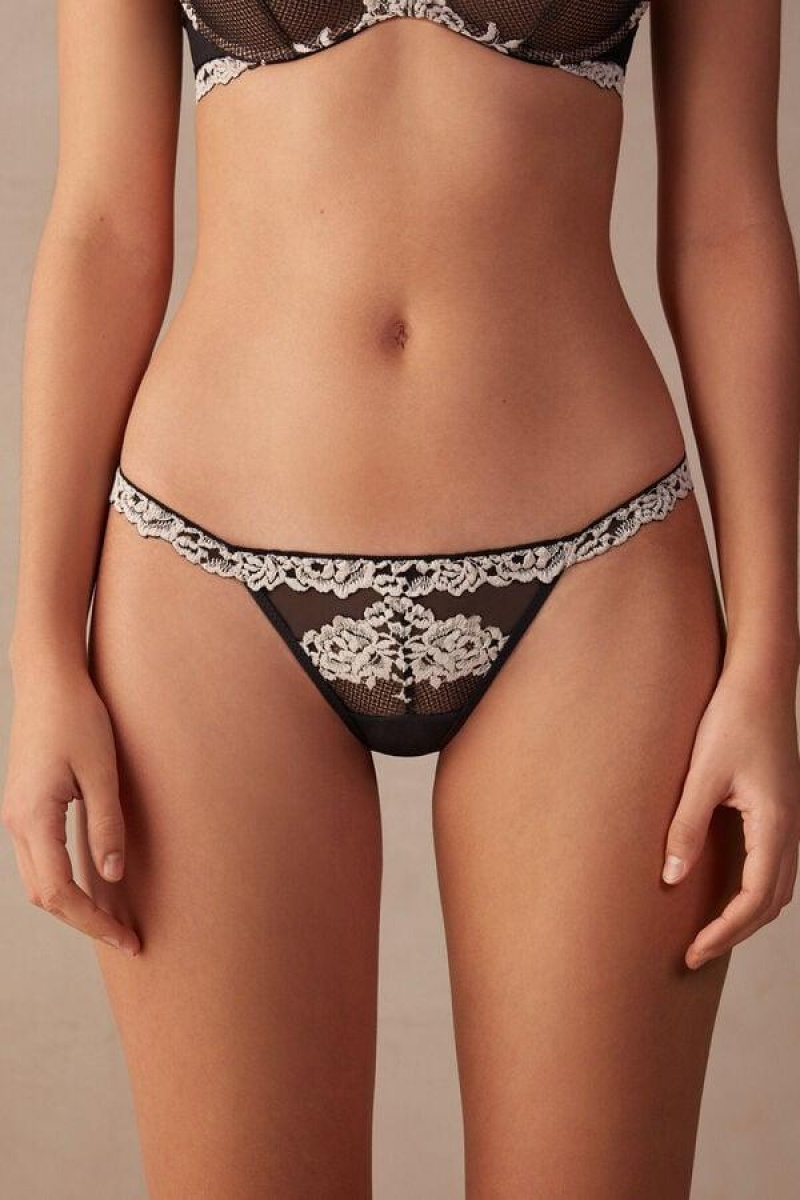 Intimissimi Pretty Flowers String Thong Trusser Dame Sort Hvide | DK3760VD