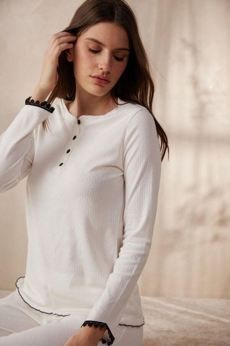 Intimissimi Pure Joy Long Sleeve Henley Top Pyjamas Dame Hvide | DK3920LH