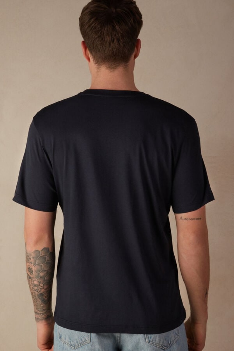 Intimissimi Regular Fit in Extrafine Supima® Bomulds T Shirts Herre Blå | DK3037QZ