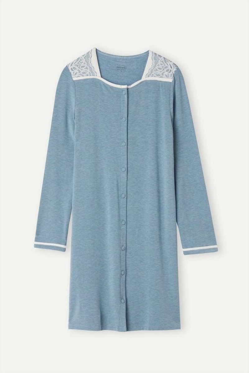 Intimissimi Romantic Bedroom Button Up Night Shirt in Modal with Uld Pyjamas Dame Lyseblå | DK3836MA